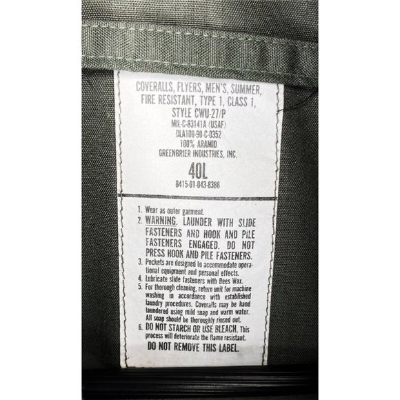 U.S. Issue Nomex CWU-27/P Flight Suit Coveralls Flyers Olive Green Mens Size 40L - Picture 8 of 8